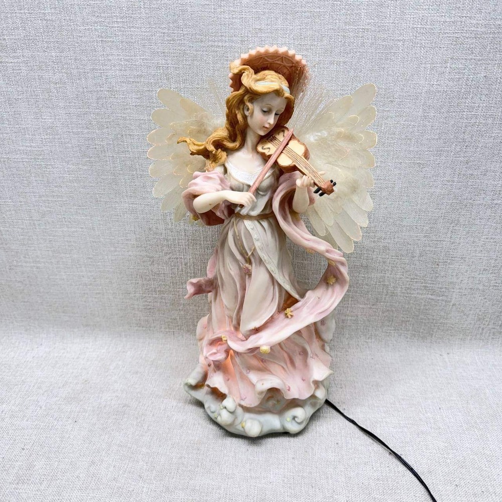 Vintage Lighted Angel Figurine‎ Playing Violin Pink Gown Fiber Optic Wings 12in